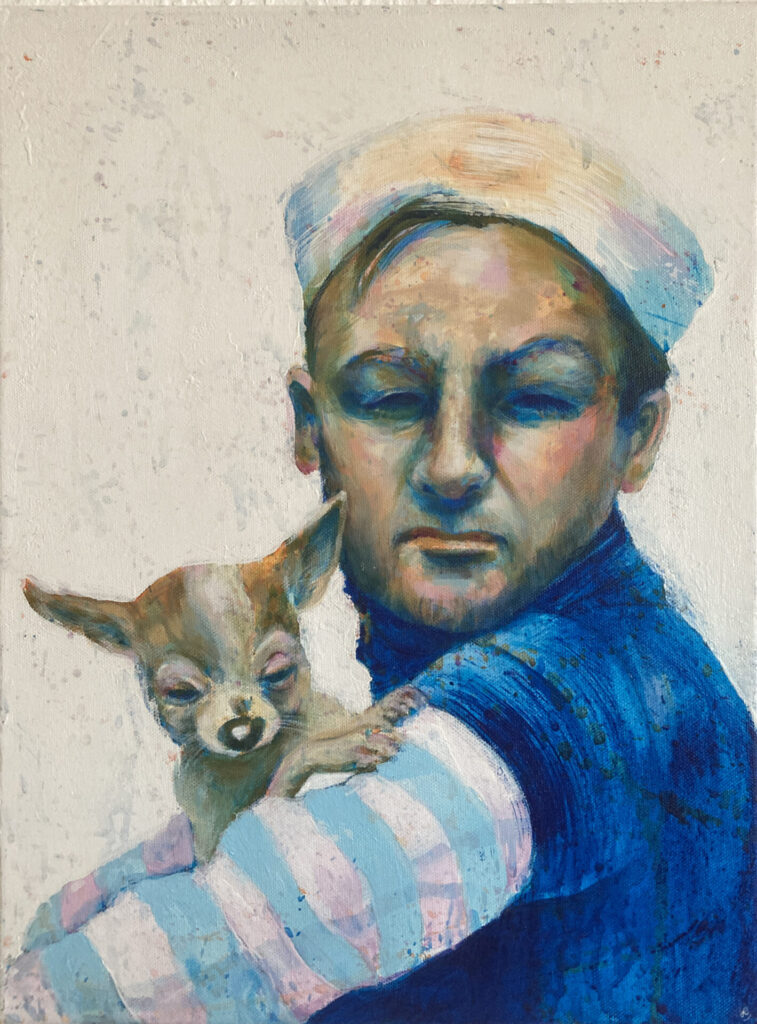 Gemälde von Heike Kurtenbach (Portrait) Künstlerin aus Essen mit dem Titel »Take Good Care Of My Baby« Ein Seemann mit einem kleinen Hund auf dem Arm. Er schaut grimmig, trägt Seemannskleidung und einen hellblau-weiss gestreiften Pullover. Sein Blick ist so ler, wie der des kleinen Hündchens auf seinem Arm.